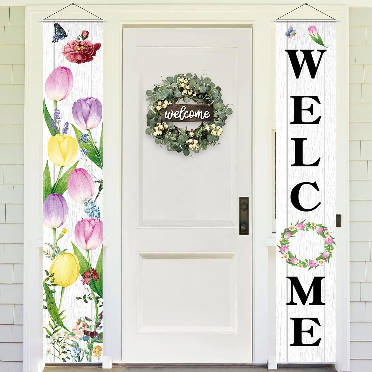 Welcome Banner 2 Pack Spring Door Sign Hanging Banners Welcome Tulip Happy Spring Porch Sign Seasonal Spring Summer Party Decorations for Indoor Outdoor Garden